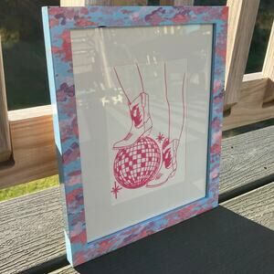 Y2K cowgirl party pink cowboy boot disco ball framed art print